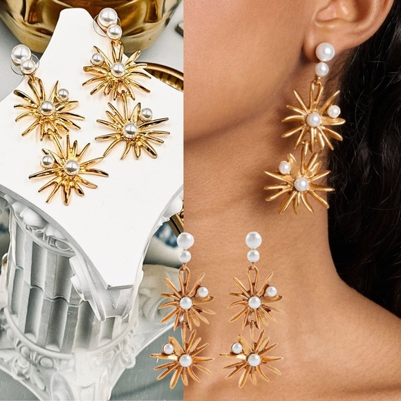 🆕 OSCAR DE LA RENTA 🧿 NWOT Starburst Faux Pearl Drop Earrings - Picture 1 of 11